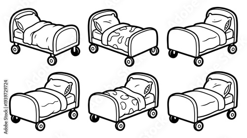 hospital bed, cute retro cartoon style vector set , white background , PNG and SVG isolate