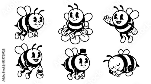 honeybee, cute retro cartoon style vector set , white background , PNG and SVG isolate