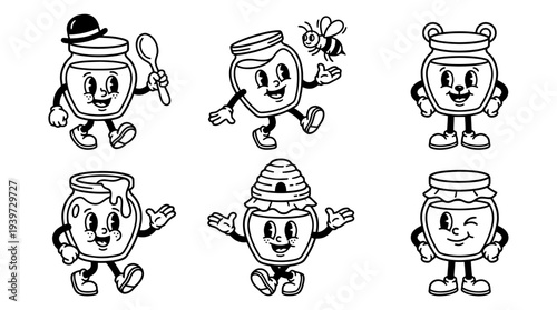 honey jar, cute retro cartoon style vector set , white background , PNG and SVG isolate