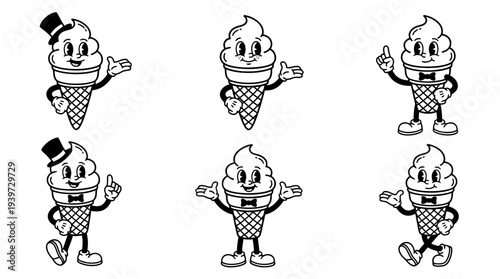 ice cream cone, cute retro cartoon style vector set , white background , PNG and SVG isolate
