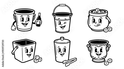 ice bucket, cute retro cartoon style vector set , white background , PNG and SVG isolate