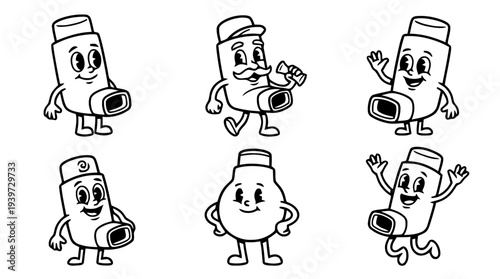inhaler, cute retro cartoon style vector set , white background , PNG and SVG isolate