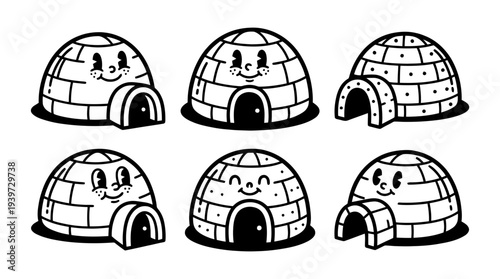 igloo, cute retro cartoon style vector set , white background , PNG and SVG isolate
