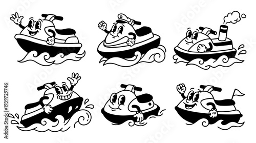 jet ski, cute retro cartoon style vector set , white background , PNG and SVG isolate