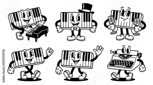 keyboard, cute retro cartoon style vector set , white background , PNG and SVG isolate