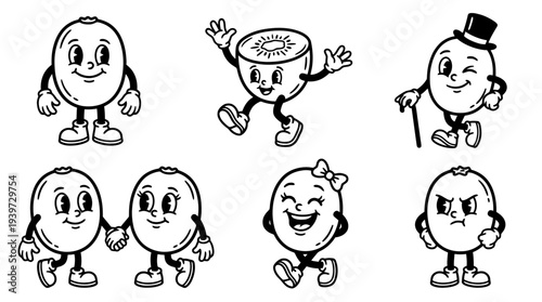 kiwi fruit, cute retro cartoon style vector set , white background , PNG and SVG isolate