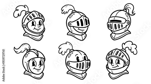 knight helmet, cute retro cartoon style vector set , white background , PNG and SVG isolate