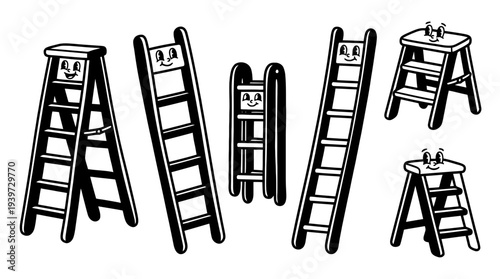 ladder, cute retro cartoon style vector set , white background , PNG and SVG isolate