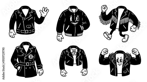 leather jacket, cute retro cartoon style vector set , white background , PNG and SVG isolate