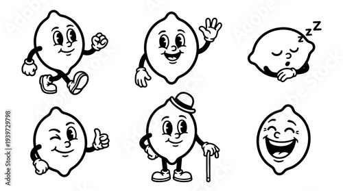 lemon, cute retro cartoon style vector set , white background , PNG and SVG isolate