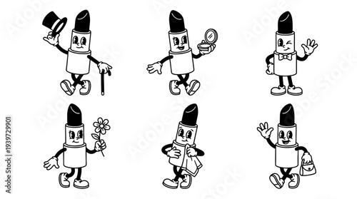 lipstick, cute retro cartoon style vector set , white background , PNG and SVG isolate