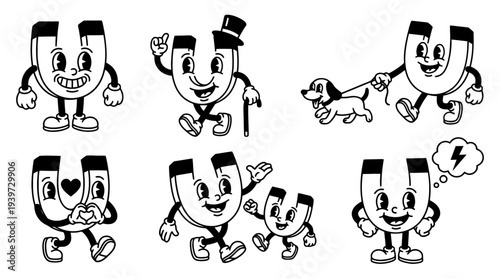 magnet, cute retro cartoon style vector set , white background , PNG and SVG isolate