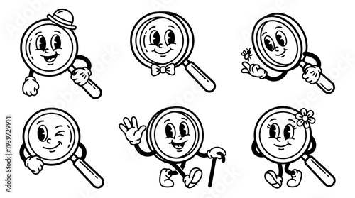 magnifying glass, cute retro cartoon style vector set , white background , PNG and SVG isolate