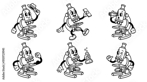 microscope, cute retro cartoon style vector set , white background , PNG and SVG isolate