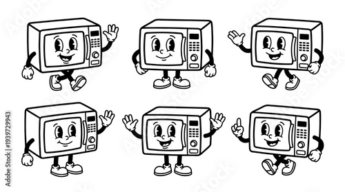 microwave, cute retro cartoon style vector set , white background , PNG and SVG isolate