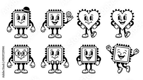 microchip, cute retro cartoon style vector set , white background , PNG and SVG isolate