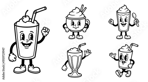 milkshake, cute retro cartoon style vector set , white background , PNG and SVG isolate