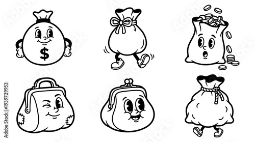 money bag, cute retro cartoon style vector set , white background , PNG and SVG isolate
