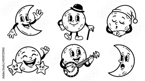moon, cute retro cartoon style vector set , white background , PNG and SVG isolate