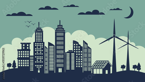 Clean Energy City Skyline Silhouette Vector Illustration