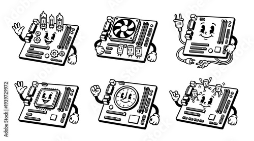 motherboard, cute retro cartoon style vector set , white background , PNG and SVG isolate