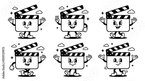movie clapperboard, cute retro cartoon style vector set , white background , PNG and SVG isolate