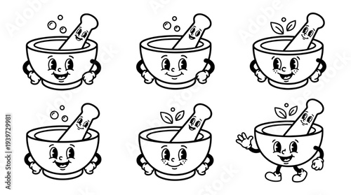 mortar and pestle, cute retro cartoon style vector set , white background , PNG and SVG isolate