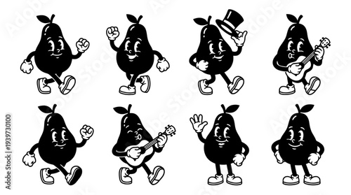 pear, cute retro cartoon style vector set , white background , PNG and SVG isolate