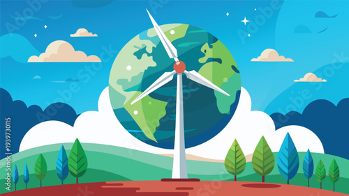 Large Wind Turbine Foreground With Small Earth Vector Illustration