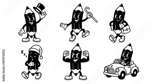 pencil, cute retro cartoon style vector set , white background , PNG and SVG isolate