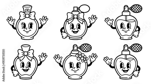 perfume bottle, cute retro cartoon style vector set , white background , PNG and SVG isolate