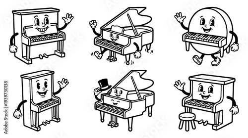 piano, cute retro cartoon style vector set , white background , PNG and SVG isolate