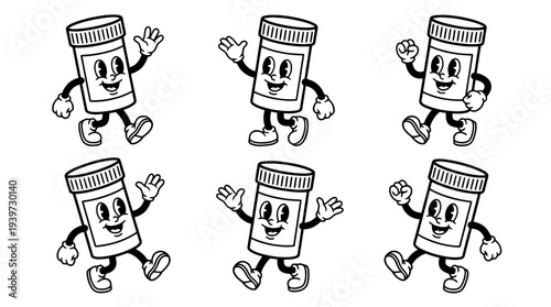 pill bottle, cute retro cartoon style vector set , white background , PNG and SVG isolate