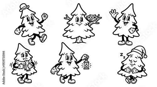 pine tree, cute retro cartoon style vector set , white background , PNG and SVG isolate