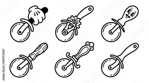 pizza cutter, cute retro cartoon style vector set , white background , PNG and SVG isolate