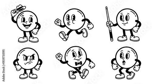 pool cue ball, cute retro cartoon style vector set , white background , PNG and SVG isolate