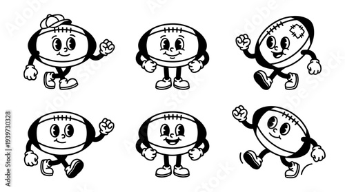 rugby ball, cute retro cartoon style vector set , white background , PNG and SVG isolate