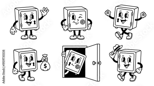 safe box, cute retro cartoon style vector set , white background , PNG and SVG isolate