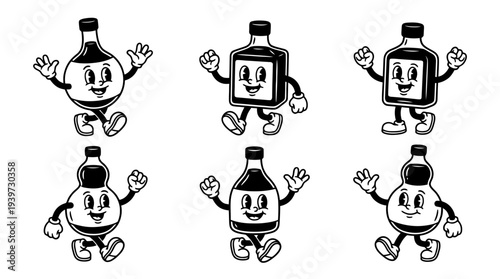 sake bottle, cute retro cartoon style vector set , white background , PNG and SVG isolate