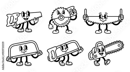 saw, cute retro cartoon style vector set , white background , PNG and SVG isolate