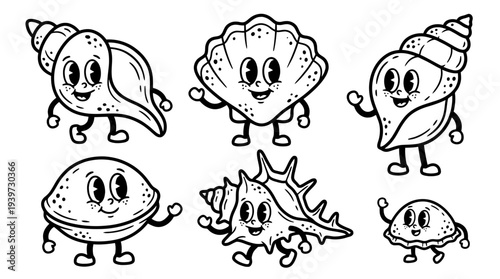 sea shell, cute retro cartoon style vector set , white background , PNG and SVG isolate