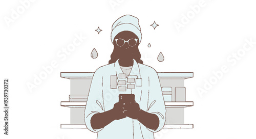 Woman in a white robe and head wrap looks at her phone with sweat drops