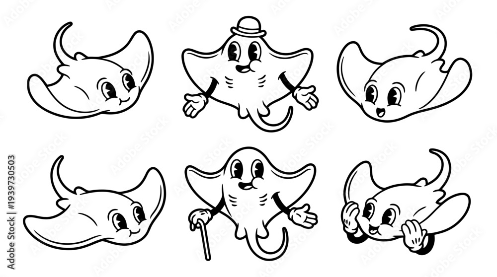 Fototapeta premium stingray, cute retro cartoon style vector set , white background , PNG and SVG isolate