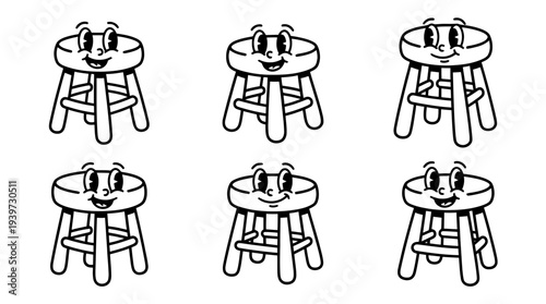 stool, cute retro cartoon style vector set , white background , PNG and SVG isolate