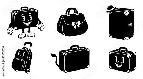 suitcase, cute retro cartoon style vector set , white background , PNG and SVG isolate