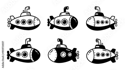 submarine, cute retro cartoon style vector set , white background , PNG and SVG isolate