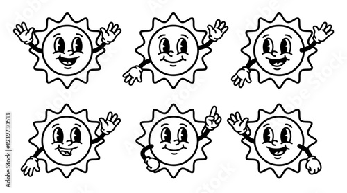 sun, cute retro cartoon style vector set , white background , PNG and SVG isolate