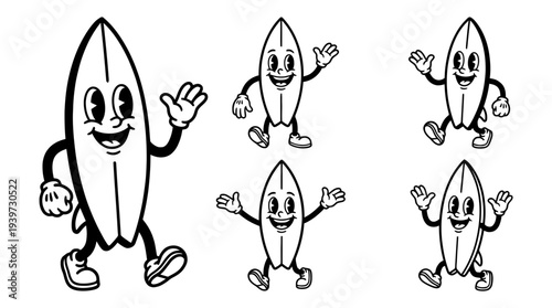 surfing board, cute retro cartoon style vector set , white background , PNG and SVG isolate