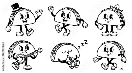 taco, cute retro cartoon style vector set , white background , PNG and SVG isolate