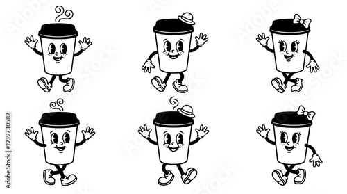 takeaway coffee cup, cute retro cartoon style vector set , white background , PNG and SVG isolate
